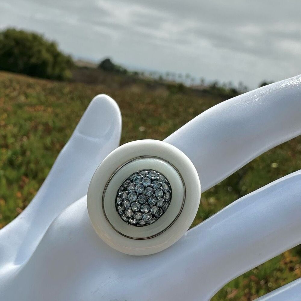 FP Sterling Silver White Enamel & Blue Pavé Stone Ring